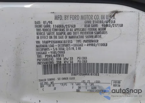 1998 Ford Taurus Lx/Se из США, поврежденный, VIN 1FAFP52U6WA181553